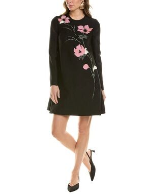 Valentino Garavani Black Long-Sleeve Shift Dress with Pink Floral Appliqué IT 44